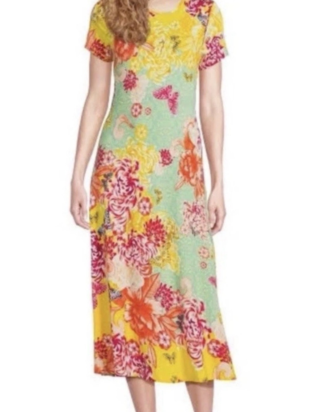Johnny Was Janie Favorite Cap Sleeve Dress Charlie Floral Yellow Midi Size XS